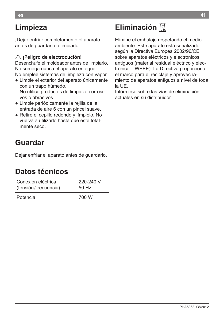 Limpieza, Guardar, Datos técnicos | Eliminación | Bosch PHA5363 Warmluftstylingbürste BrilliantCare Quattro-Ion User Manual | Page 43 / 86