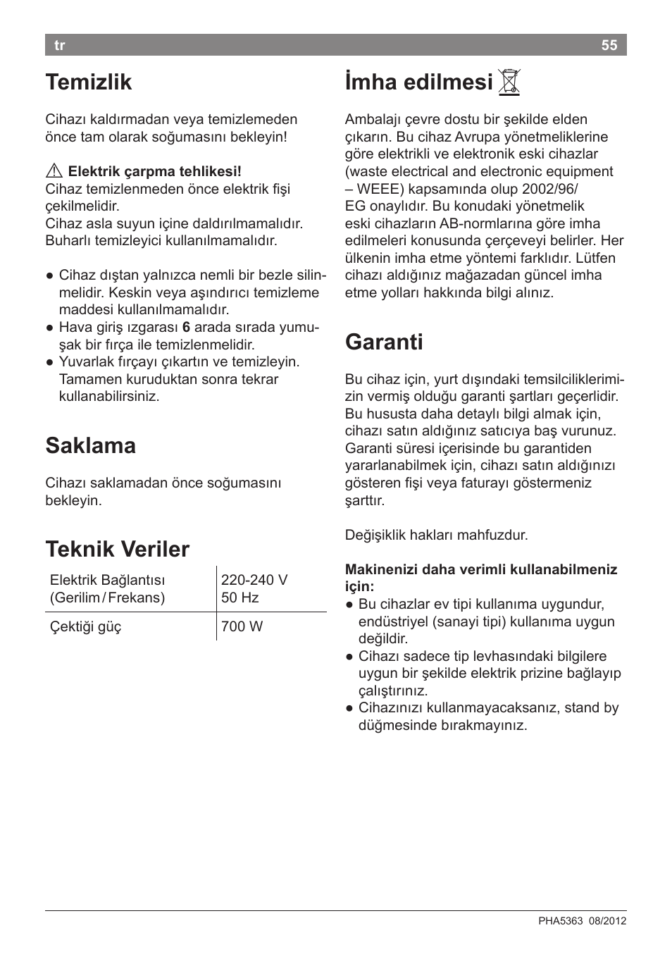 Temizlik, Saklama, Teknik veriler | Imha edilmesi, Garanti | Bosch PHA5363 Warmluftstylingbürste BrilliantCare Quattro-Ion User Manual | Page 57 / 86