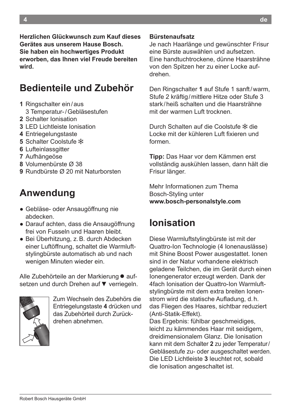 Bedienteile und zubehör, Anwendung, Ionisation | Bosch PHA5363 Warmluftstylingbürste BrilliantCare Quattro-Ion User Manual | Page 6 / 86