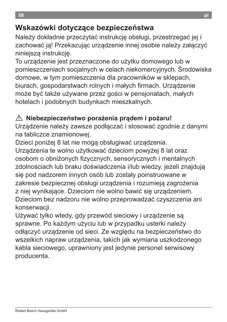 Wskazówki dotyczące bezpieczeństwa | Bosch PHA5363 Warmluftstylingbürste BrilliantCare Quattro-Ion User Manual | Page 60 / 86