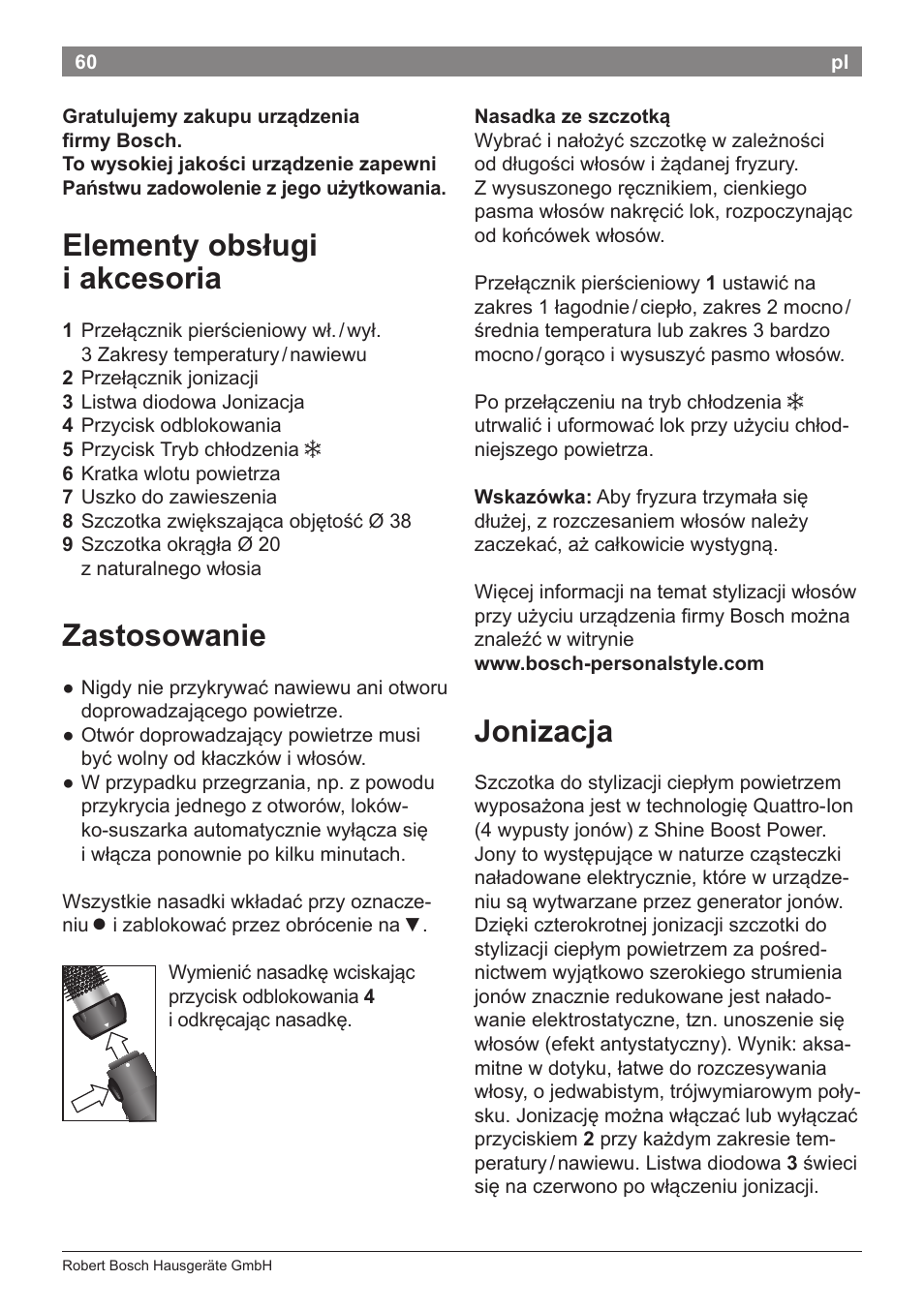 Elementy obsługi i akcesoria, Zastosowanie, Jonizacja | Bosch PHA5363 Warmluftstylingbürste BrilliantCare Quattro-Ion User Manual | Page 62 / 86