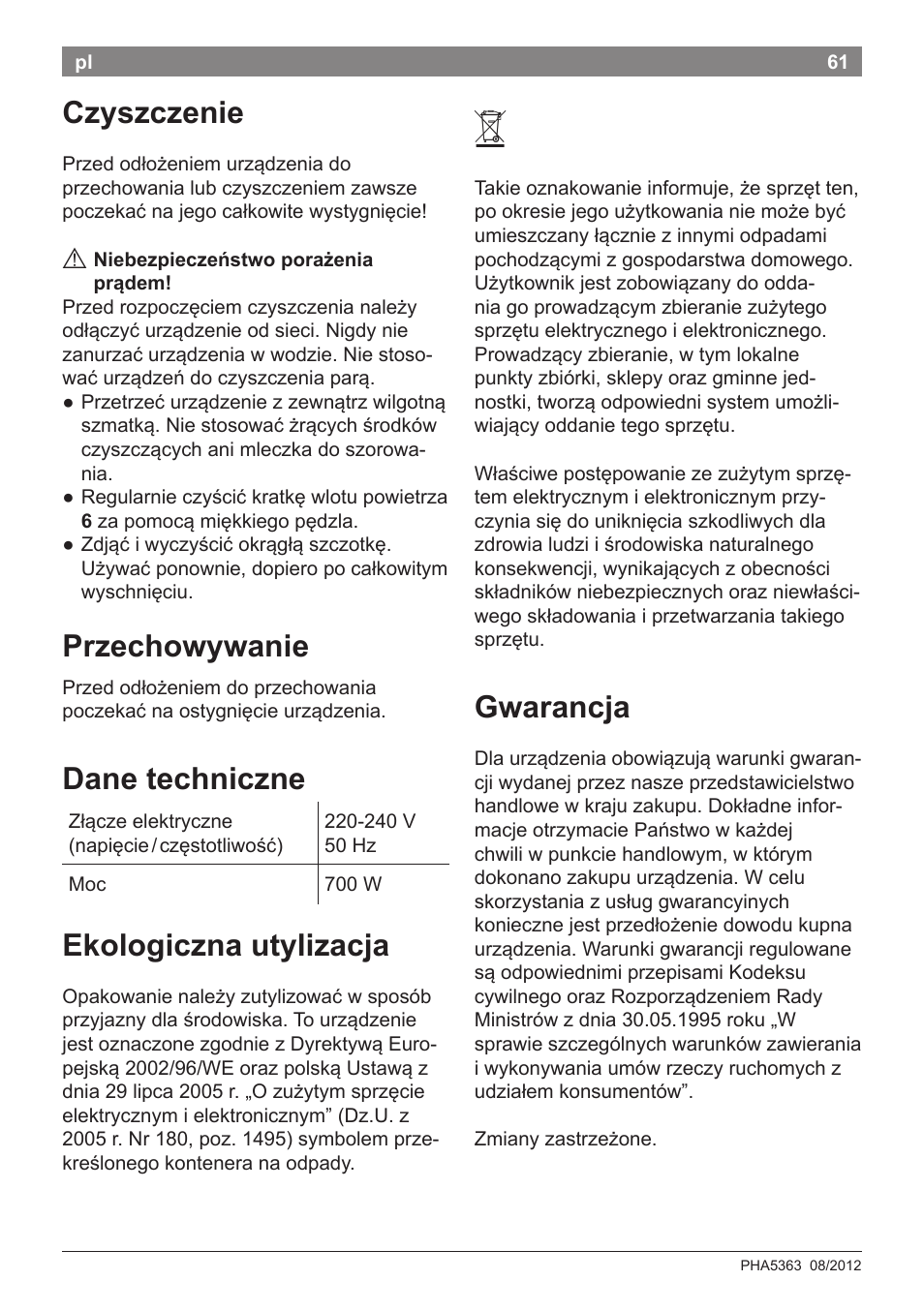 Czyszczenie, Przechowywanie, Dane techniczne | Ekologiczna utylizacja, Gwarancja | Bosch PHA5363 Warmluftstylingbürste BrilliantCare Quattro-Ion User Manual | Page 63 / 86