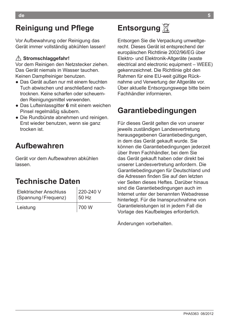 Reinigung und pflege, Aufbewahren, Technische daten | Entsorgung, Garantiebedingungen | Bosch PHA5363 Warmluftstylingbürste BrilliantCare Quattro-Ion User Manual | Page 7 / 86