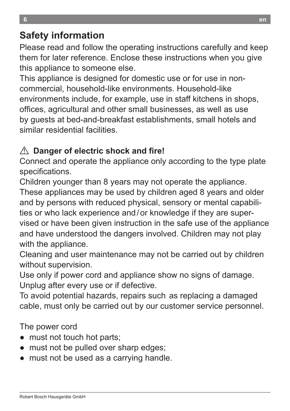 Safety information | Bosch PHA5363 Warmluftstylingbürste BrilliantCare Quattro-Ion User Manual | Page 8 / 86