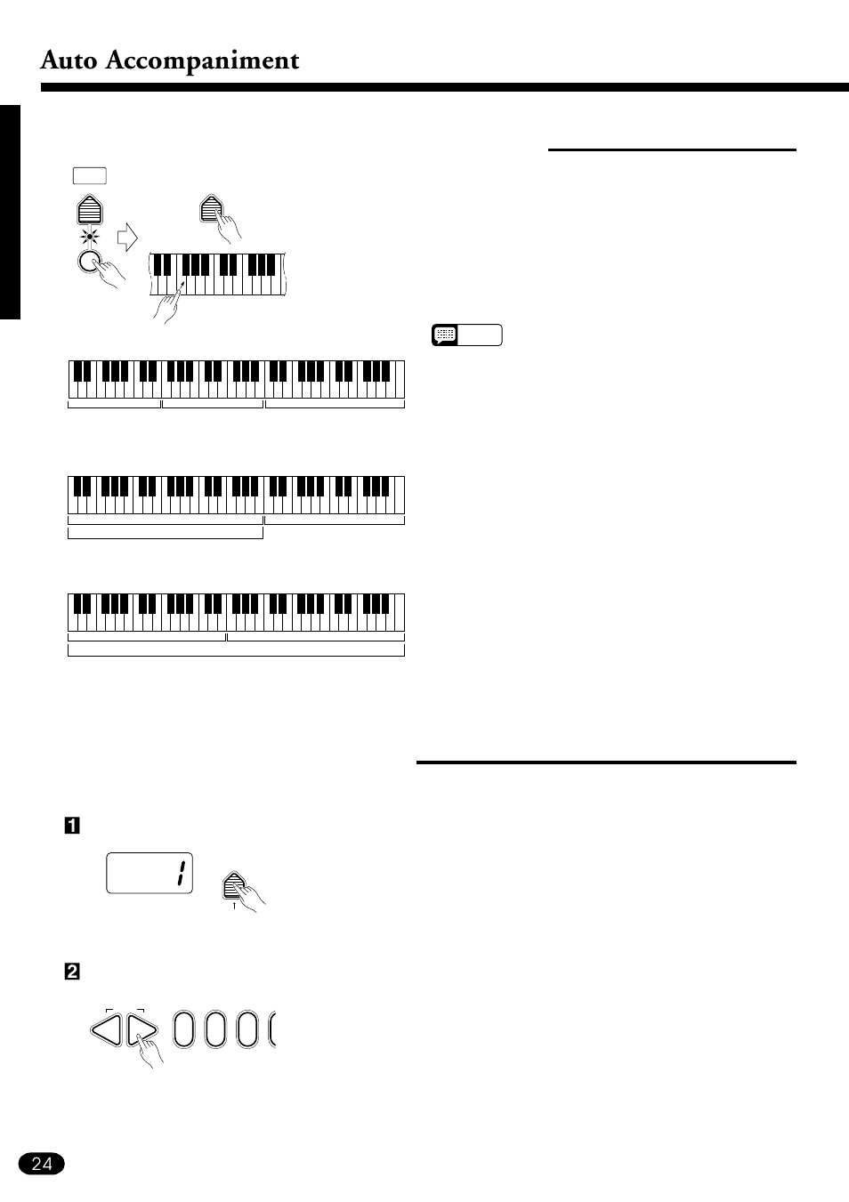 Auto accompaniment, Setting the auto accompaniment split point, Auto accompaniment fingering | Yamaha PSR-510 User Manual | Page 26 / 77