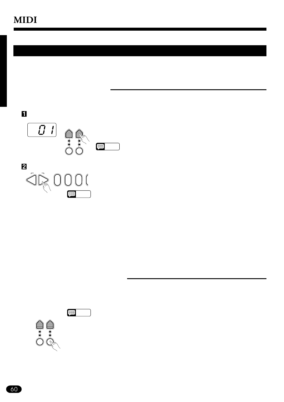 Midi, Midi transmission, Midi transmit channels | Local & midi output on/off | Yamaha PSR-510 User Manual | Page 62 / 77