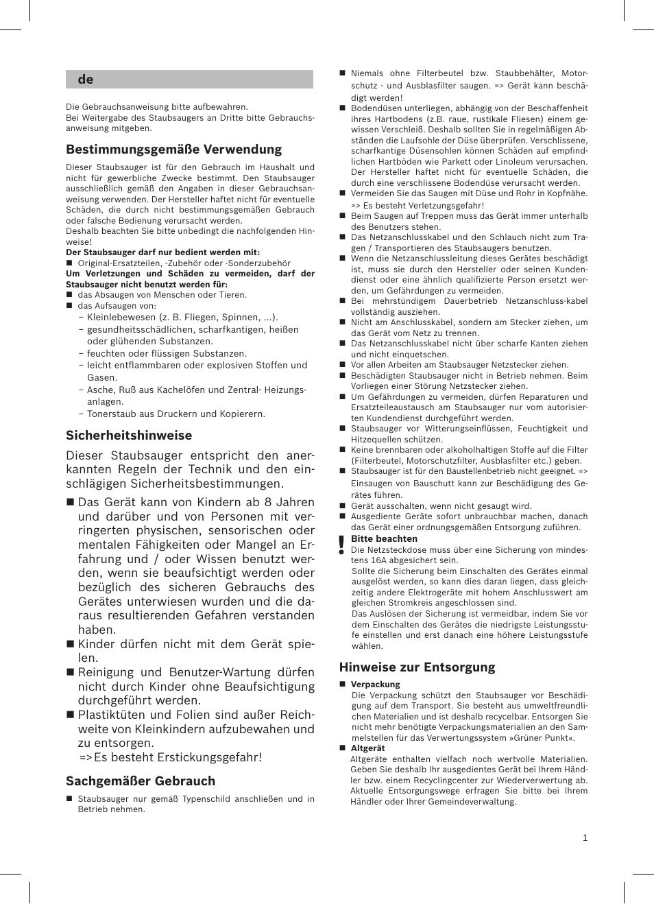 Innenteil_ga 5100 003 411_bsg6, Bestimmungsgemäße verwendung, Sicherheitshinweise | Sachgemäßer gebrauch, Hinweise zur entsorgung | Bosch logo Bodenstaubsauger mit Staubbeutel BSG62200 samoablau-metallic User Manual | Page 10 / 42