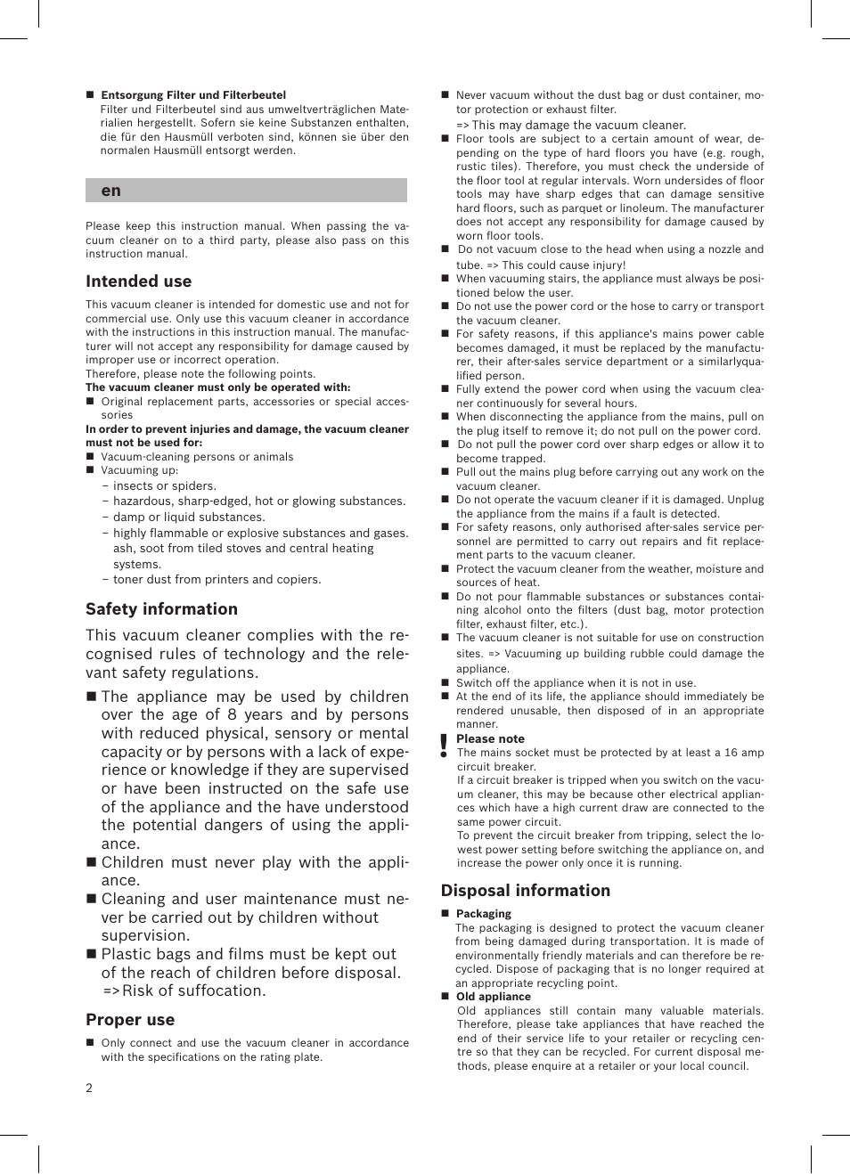 Intended use, Safety information, Proper use | Disposal information | Bosch logo Bodenstaubsauger mit Staubbeutel BSG62200 samoablau-metallic User Manual | Page 11 / 42