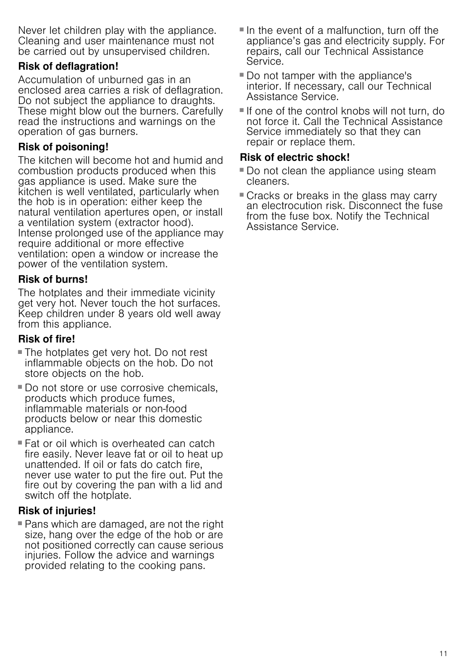 Risk of deflagration, Risk of poisoning, Risk of burns | Risk of fire, Risk of injuries, Risk of electric shock, Do not clean the appliance using steam cleaners | Bosch PRS926B70E Gas-Kochstelle Glaskeramik 90 cm User Manual | Page 11 / 52