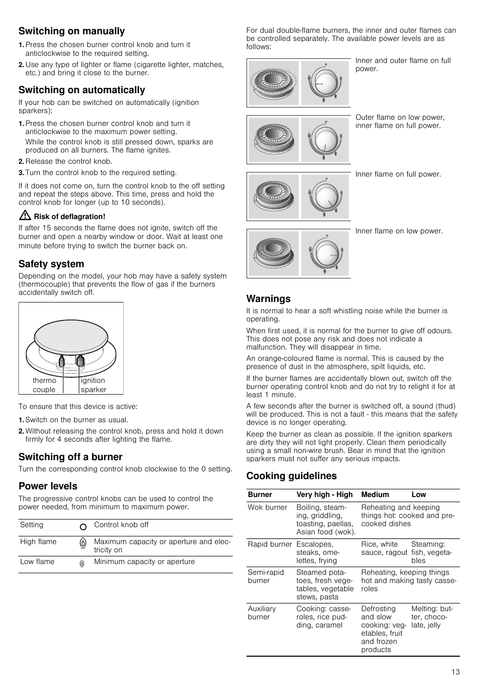 Switching on manually, Switching on automatically, Release the control knob | Turn the control knob to the required setting, Risk of deflagration, Safety system, Switch on the burner as usual, Switching off a burner, Power levels, Warnings | Bosch PRS926B70E Gas-Kochstelle Glaskeramik 90 cm User Manual | Page 13 / 52