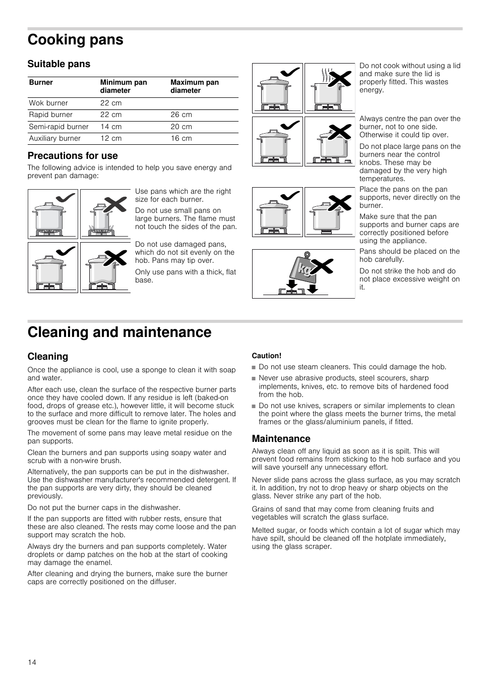 Cooking pans, Suitable pans, Precautions for use | Cleaning and maintenance, Cleaning, Caution, Maintenance, Cleaning maintenance, Suitable pans precautions for use | Bosch PRS926B70E Gas-Kochstelle Glaskeramik 90 cm User Manual | Page 14 / 52