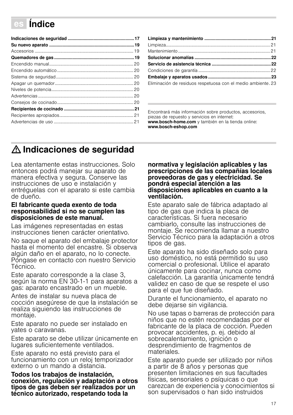 Û índice[es] instrucciones de uso, Indicaciones de seguridad, Cciones de uso | Índice | Bosch PRS926B70E Gas-Kochstelle Glaskeramik 90 cm User Manual | Page 17 / 52