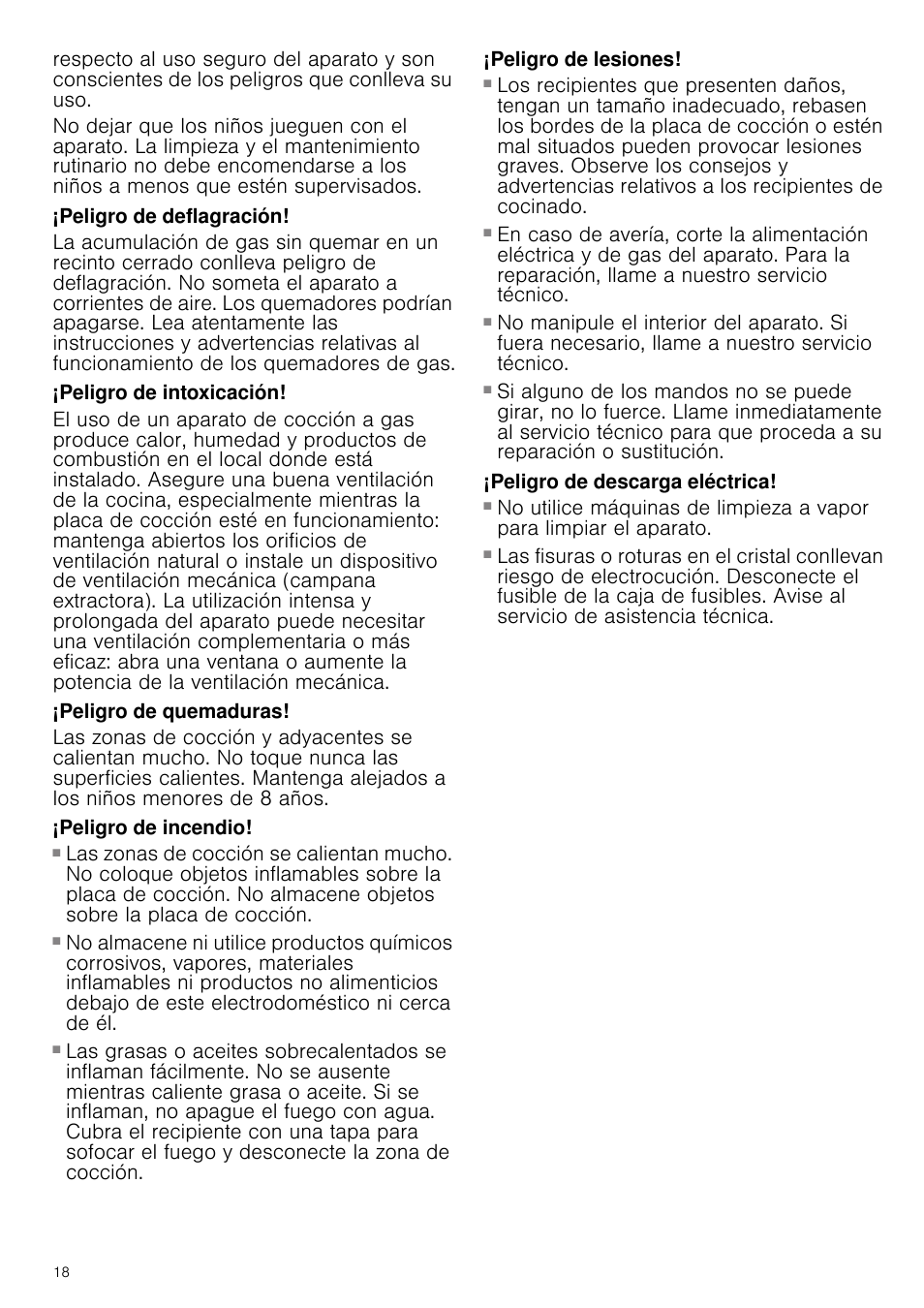 Peligro de deflagración, Peligro de intoxicación, Peligro de quemaduras | Peligro de incendio, Peligro de lesiones, Peligro de descarga eléctrica | Bosch PRS926B70E Gas-Kochstelle Glaskeramik 90 cm User Manual | Page 18 / 52