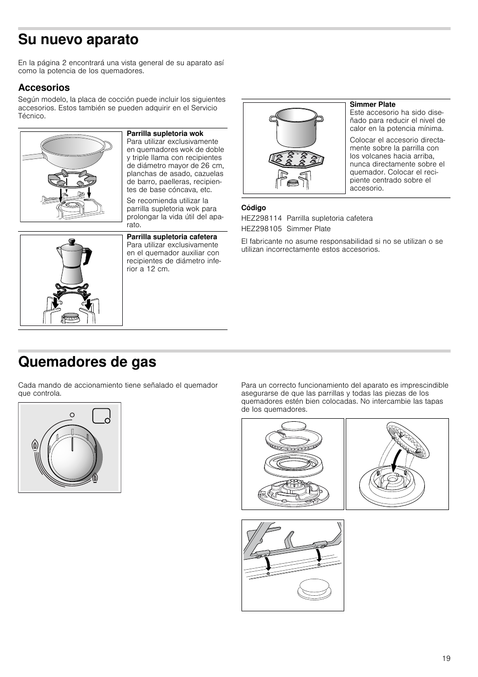 Su nuevo aparato, Accesorios, Código | Quemadores de gas | Bosch PRS926B70E Gas-Kochstelle Glaskeramik 90 cm User Manual | Page 19 / 52