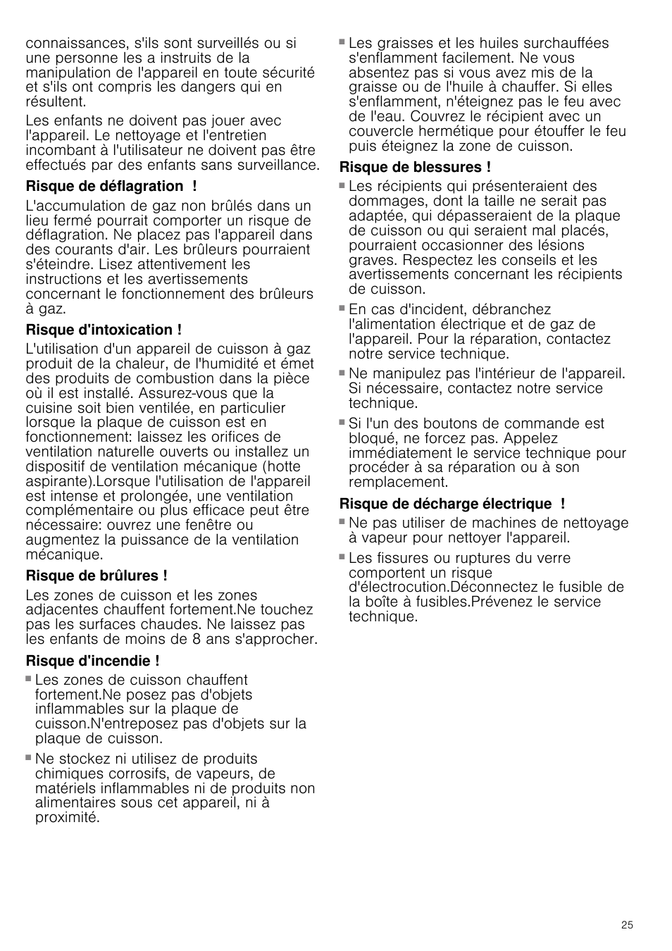 Risque de déflagration, Risque d'intoxication, Risque de brûlures | Risque d'incendie, Risque de blessures, Risque de décharge électrique | Bosch PRS926B70E Gas-Kochstelle Glaskeramik 90 cm User Manual | Page 25 / 52