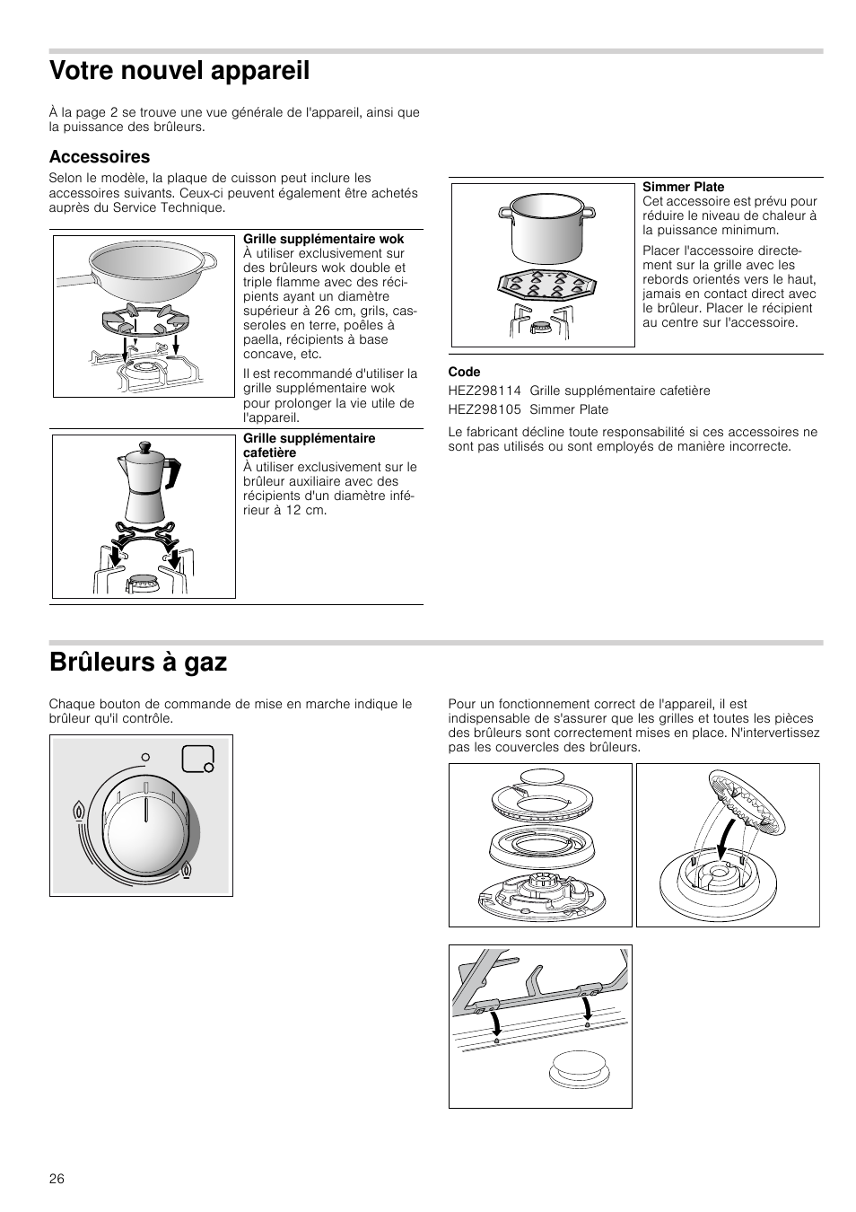 Votre nouvel appareil, Accessoires, Code | Brûleurs à gaz, El appareil accessoires brûleurs à gaz | Bosch PRS926B70E Gas-Kochstelle Glaskeramik 90 cm User Manual | Page 26 / 52