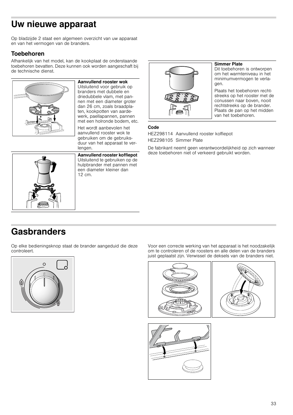 Uw nieuwe apparaat, Toebehoren, Code | Gasbranders, Aat toebehoren, Anders | Bosch PRS926B70E Gas-Kochstelle Glaskeramik 90 cm User Manual | Page 33 / 52