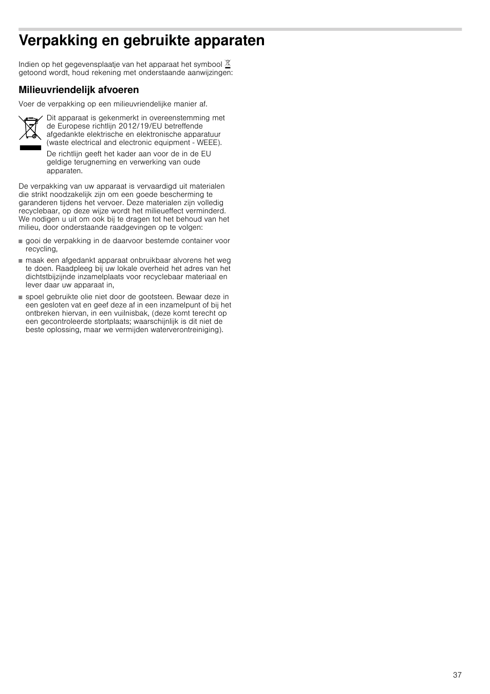Verpakking en gebruikte apparaten, Milieuvriendelijk afvoeren | Bosch PRS926B70E Gas-Kochstelle Glaskeramik 90 cm User Manual | Page 37 / 52