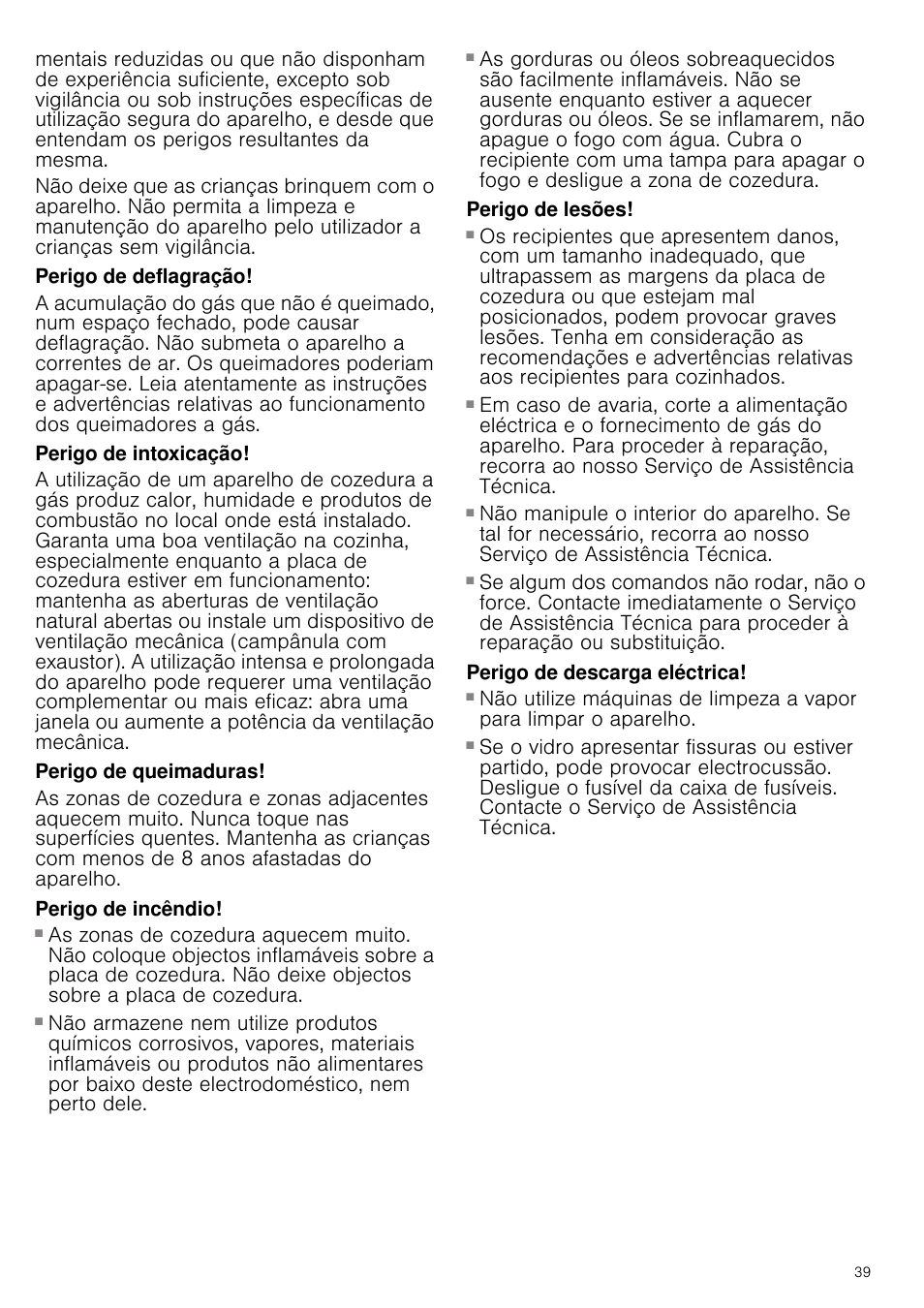 Perigo de deflagração, Perigo de intoxicação, Perigo de queimaduras | Perigo de incêndio, Perigo de lesões, Perigo de descarga eléctrica | Bosch PRS926B70E Gas-Kochstelle Glaskeramik 90 cm User Manual | Page 39 / 52