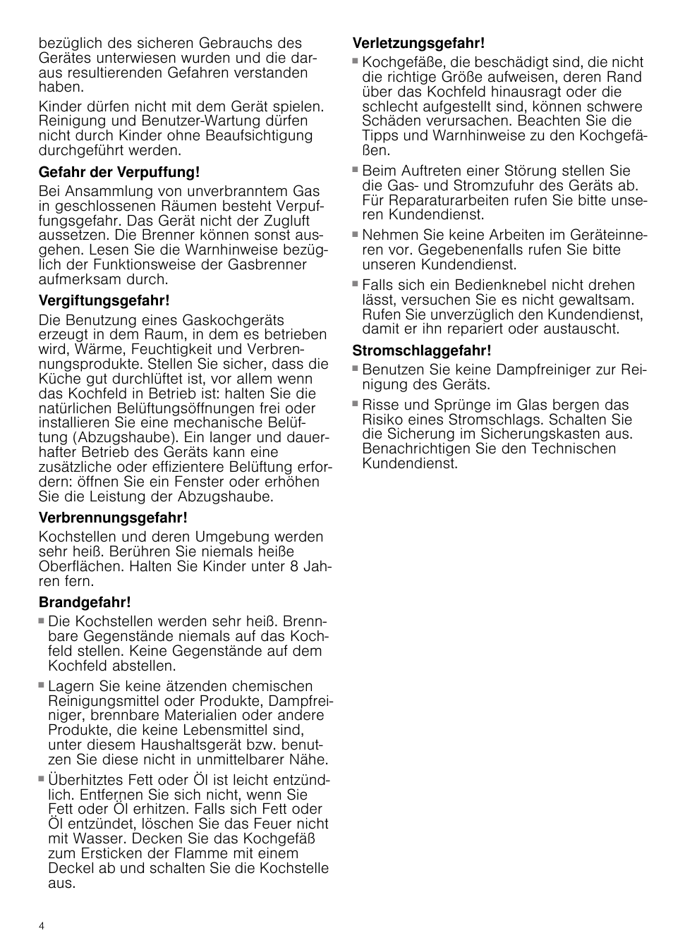 Gefahr der verpuffung, Vergiftungsgefahr, Verbrennungsgefahr | Brandgefahr, Verletzungsgefahr, Stromschlaggefahr | Bosch PRS926B70E Gas-Kochstelle Glaskeramik 90 cm User Manual | Page 4 / 52