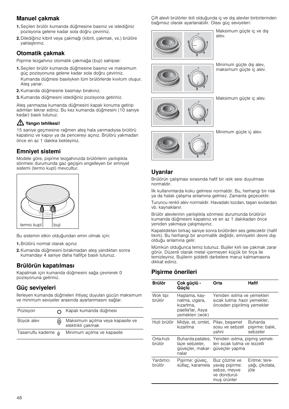 Manuel çakmak, Otomatik çakmak, Kumanda düğmesine basmayı bırakınız | Kumanda düğmesini istediğiniz pozisyona getiriniz, Yangın tehlikesi, Emniyet sistemi, Brülörü normal olarak açınız, Brülörün kapatılması, Güç seviyeleri, Uyarılar | Bosch PRS926B70E Gas-Kochstelle Glaskeramik 90 cm User Manual | Page 48 / 52