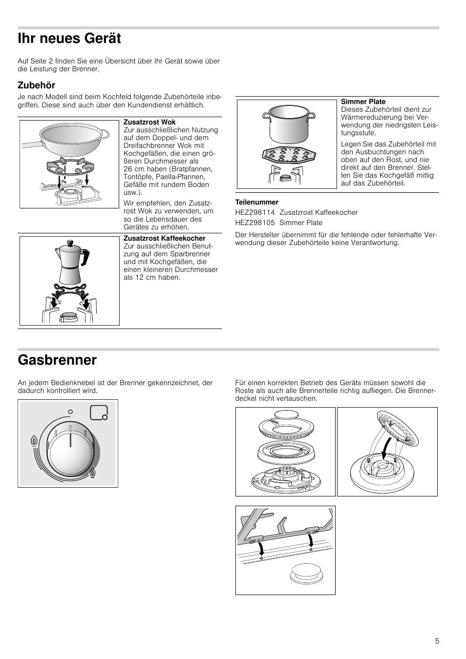 Ihr neues gerät, Zubehör, Teilenummer | Gasbrenner, Zubehör gasbrenner | Bosch PRS926B70E Gas-Kochstelle Glaskeramik 90 cm User Manual | Page 5 / 52