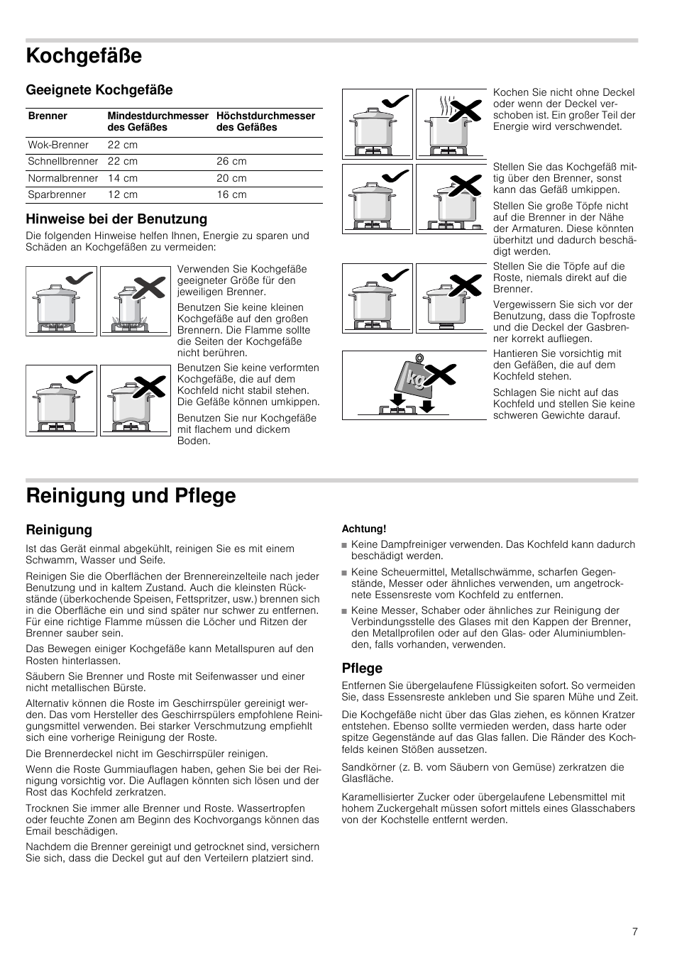 Kochgefäße, Geeignete kochgefäße, Hinweise bei der benutzung | Reinigung und pflege, Reinigung, Achtung, Pflege, Geeignete kochgefäße hinweise bei der benutzung, Reinigung pflege | Bosch PRS926B70E Gas-Kochstelle Glaskeramik 90 cm User Manual | Page 7 / 52