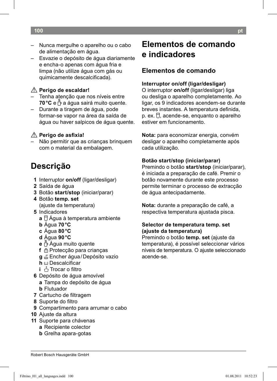 Descrição, Elementos de comando e indicadores, Elementos de comando | Bosch THD2023 Heißwasserspender Filtrino FastCup User Manual | Page 100 / 154