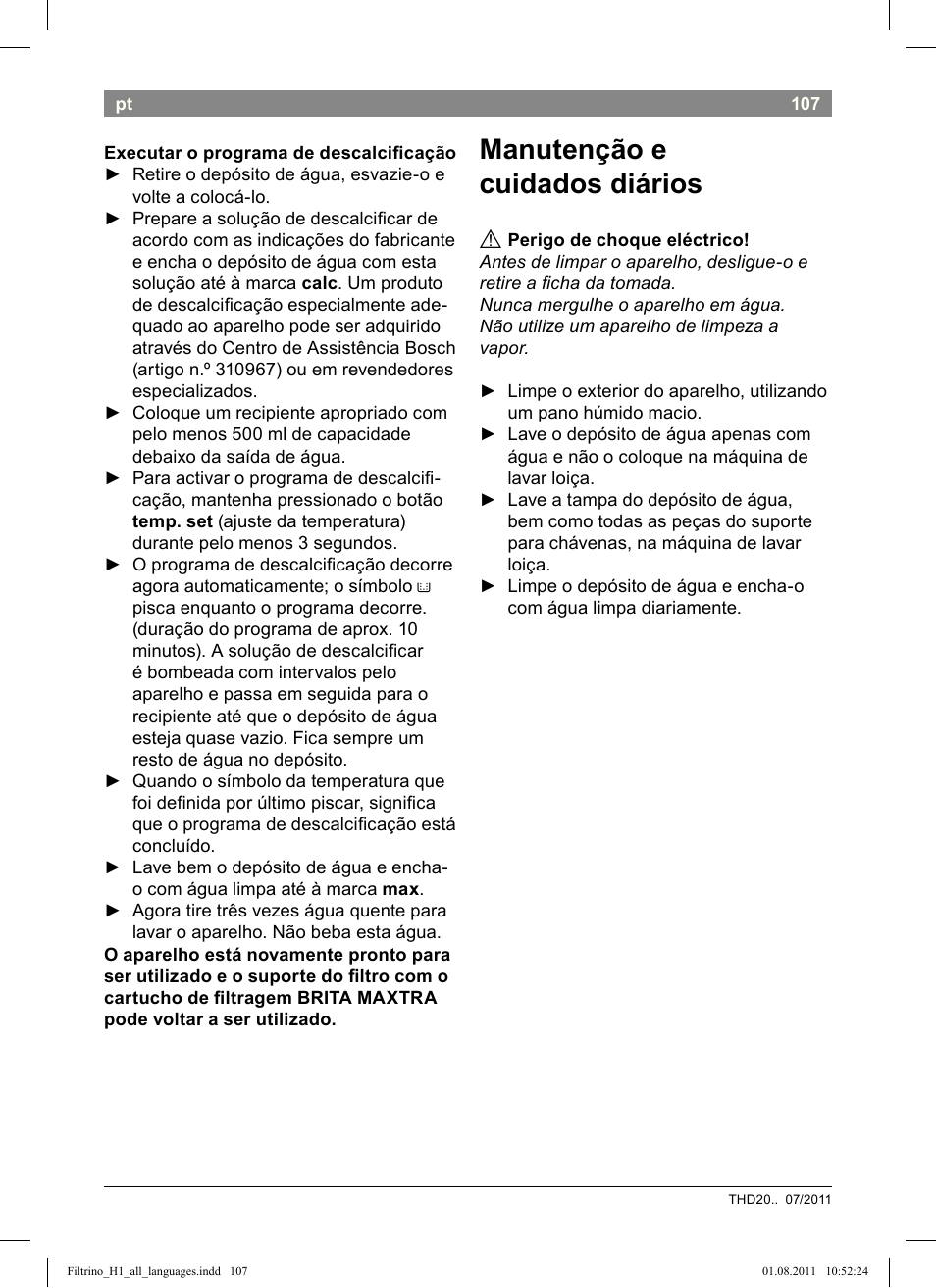 Manutenção e cuidados diários | Bosch THD2023 Heißwasserspender Filtrino FastCup User Manual | Page 107 / 154