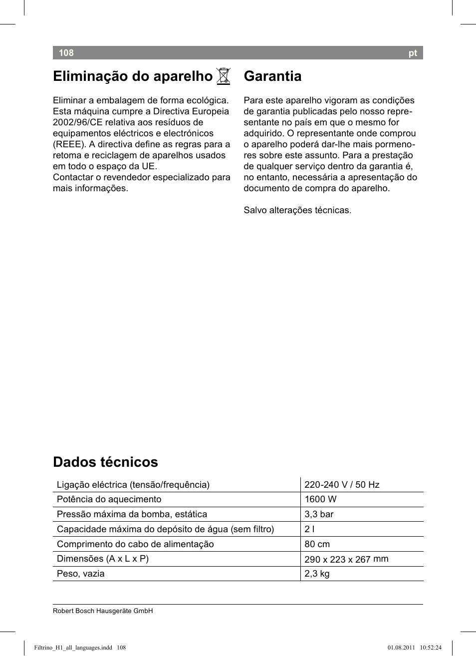 Eliminação do aparelho, Garantia, Dados técnicos | Bosch THD2023 Heißwasserspender Filtrino FastCup User Manual | Page 108 / 154