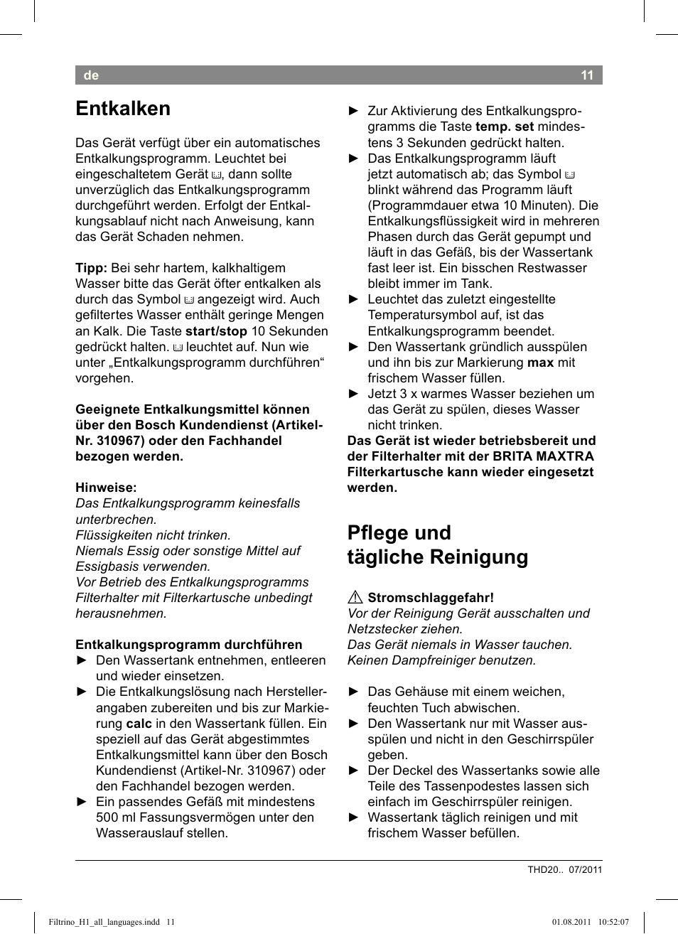 Entkalken, Plege und tägliche reinigung | Bosch THD2023 Heißwasserspender Filtrino FastCup User Manual | Page 11 / 154