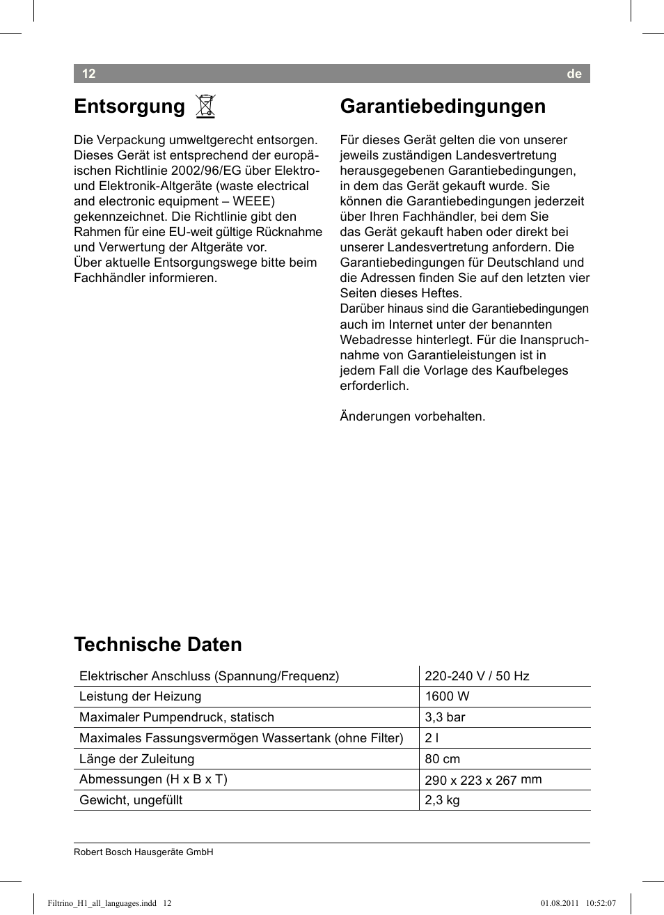 Entsorgung, Garantiebedingungen, Technische daten | Bosch THD2023 Heißwasserspender Filtrino FastCup User Manual | Page 12 / 154