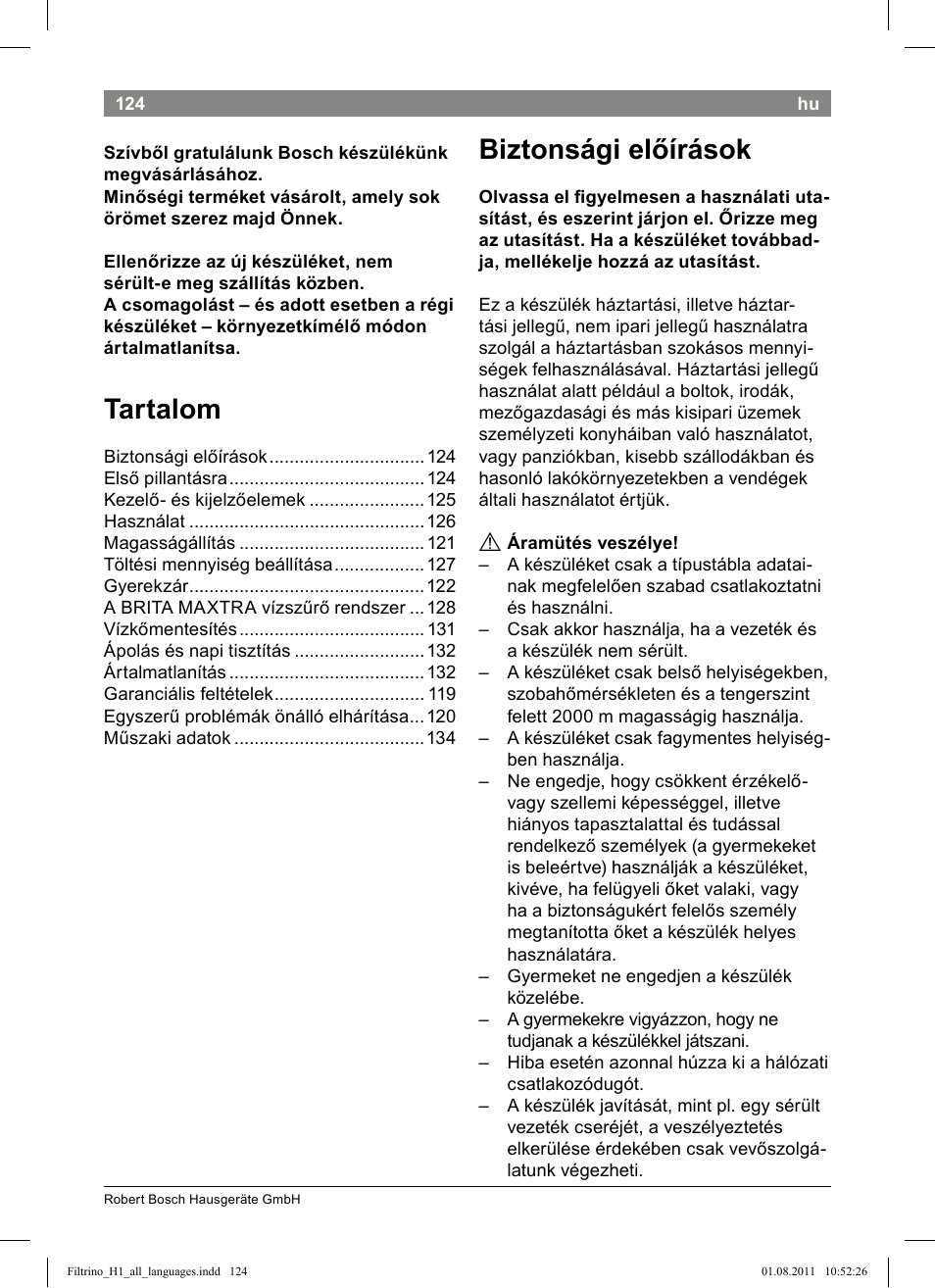 Tartalom, Biztonsági előírások | Bosch THD2023 Heißwasserspender Filtrino FastCup User Manual | Page 124 / 154