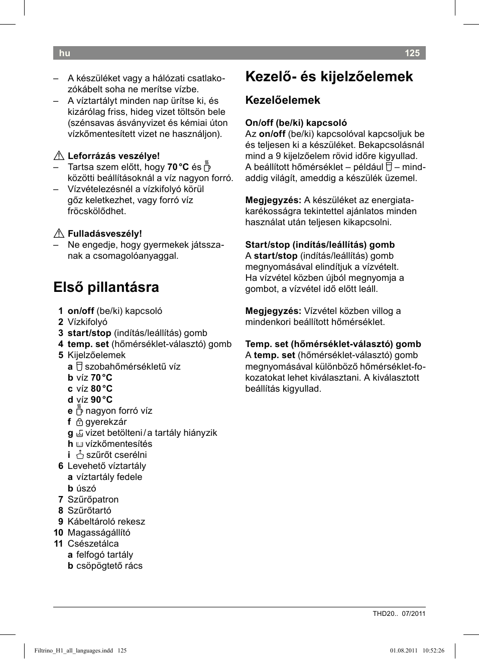 Első pillantásra, Kezelő- és kijelzőelemek, Kezelőelemek | Bosch THD2023 Heißwasserspender Filtrino FastCup User Manual | Page 125 / 154