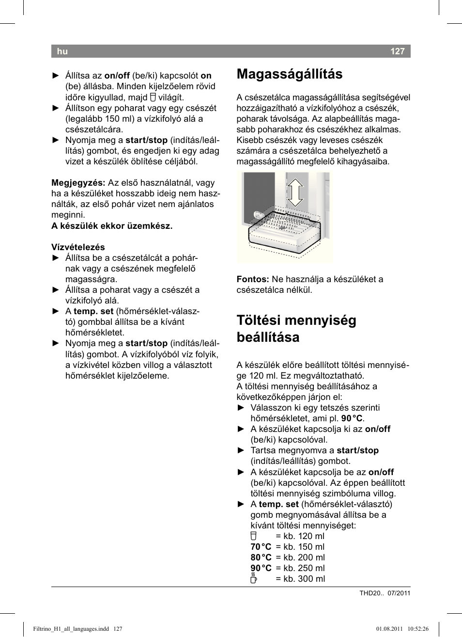 Magasságállítás, Töltési mennyiség beállítása | Bosch THD2023 Heißwasserspender Filtrino FastCup User Manual | Page 127 / 154