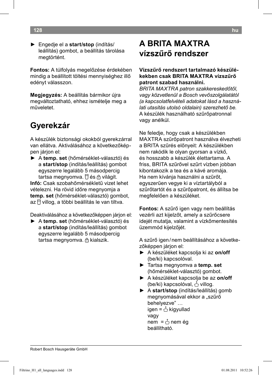 Gyerekzár, A brita maxtra vízszűrő rendszer | Bosch THD2023 Heißwasserspender Filtrino FastCup User Manual | Page 128 / 154