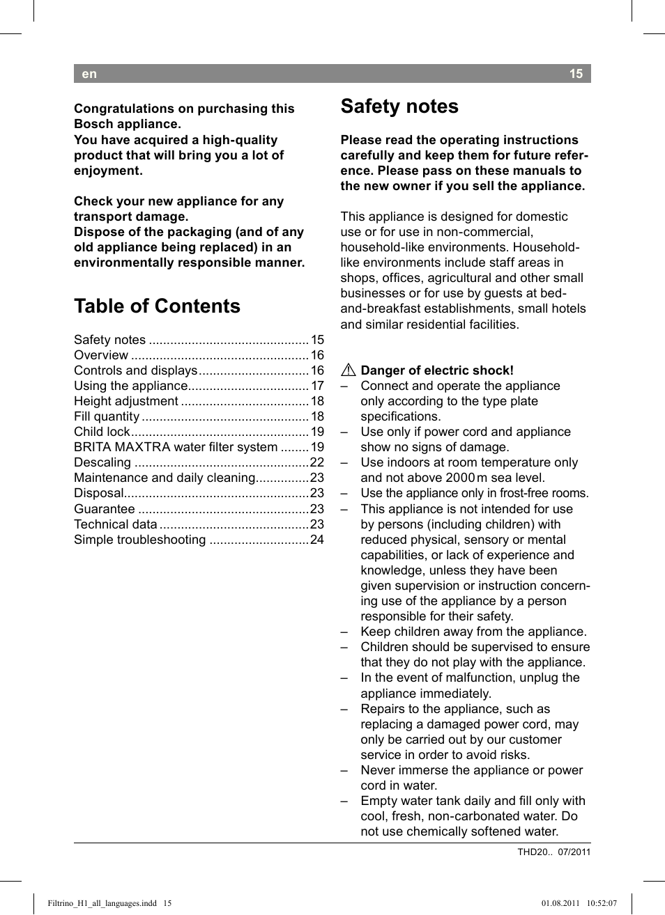 Bosch THD2023 Heißwasserspender Filtrino FastCup User Manual | Page 15 / 154