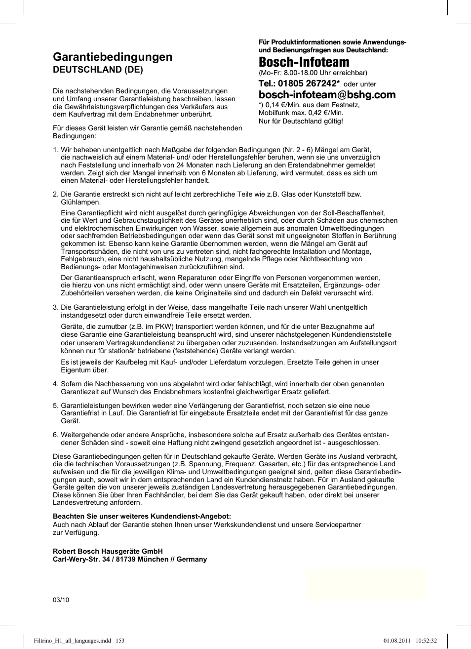 Bosch-infoteam, Garantiebedingungen | Bosch THD2023 Heißwasserspender Filtrino FastCup User Manual | Page 153 / 154