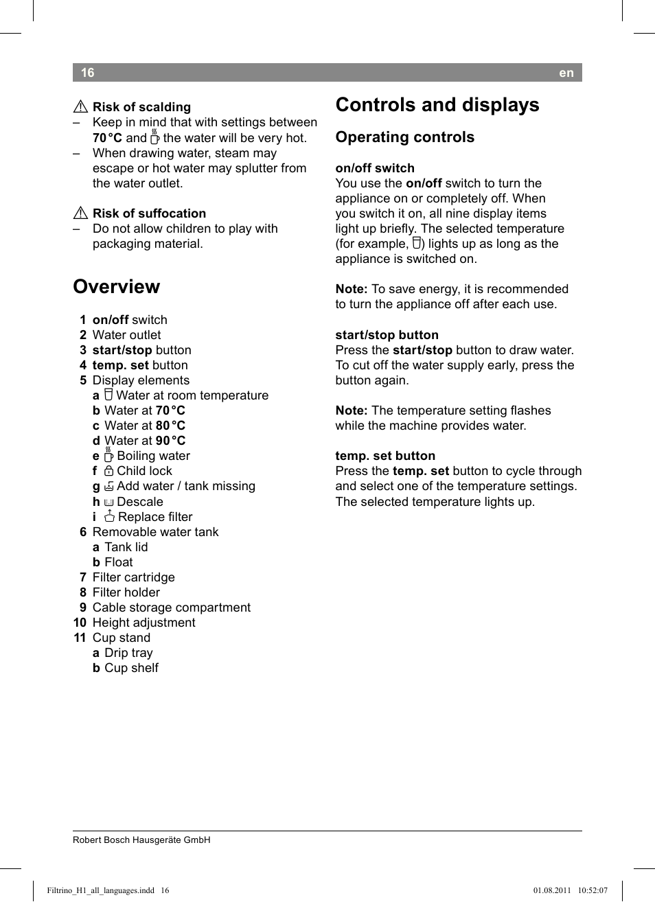 Controls and displays, Overview, Operating controls | Bosch THD2023 Heißwasserspender Filtrino FastCup User Manual | Page 16 / 154