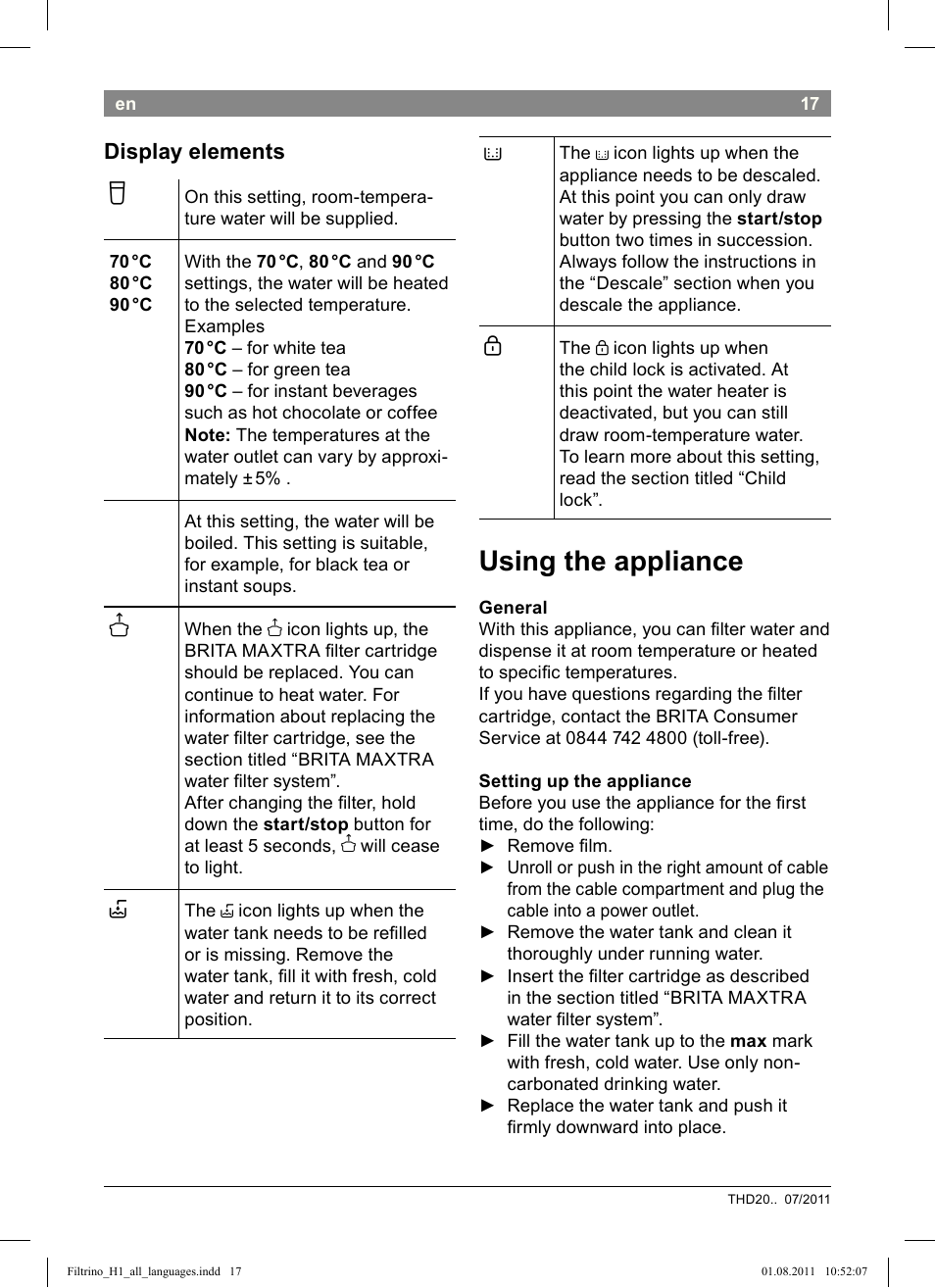 Using the appliance, Display elements | Bosch THD2023 Heißwasserspender Filtrino FastCup User Manual | Page 17 / 154