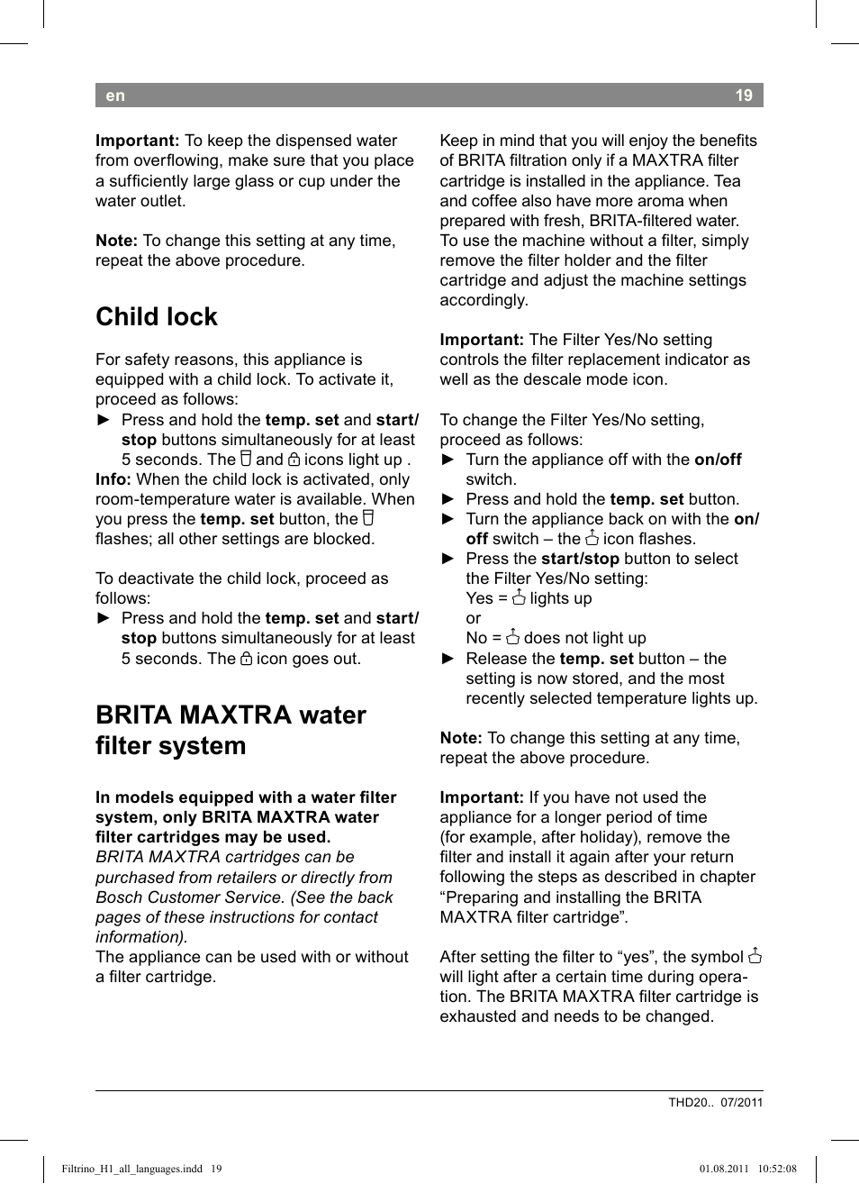 Child lock, Brita maxtra water ilter system | Bosch THD2023 Heißwasserspender Filtrino FastCup User Manual | Page 19 / 154