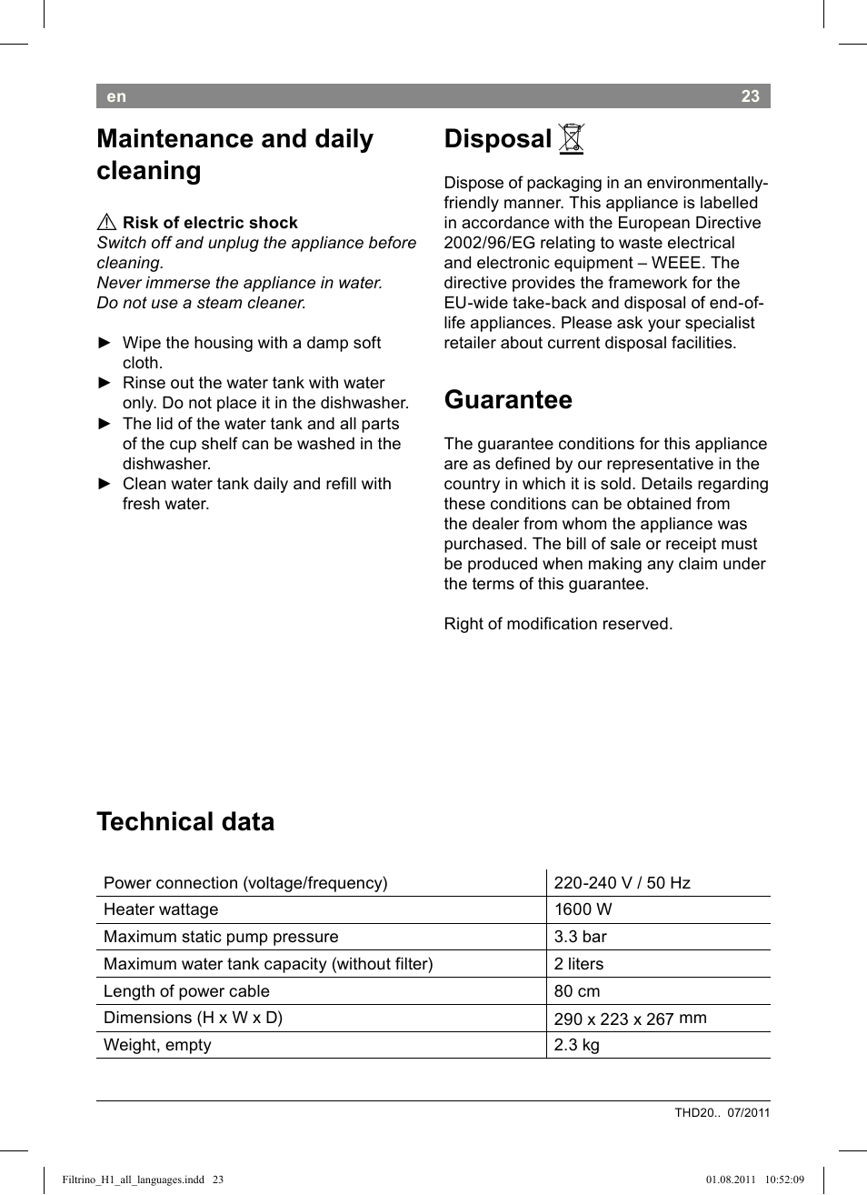 Maintenance and daily cleaning, Disposal, Guarantee | Technical data | Bosch THD2023 Heißwasserspender Filtrino FastCup User Manual | Page 23 / 154