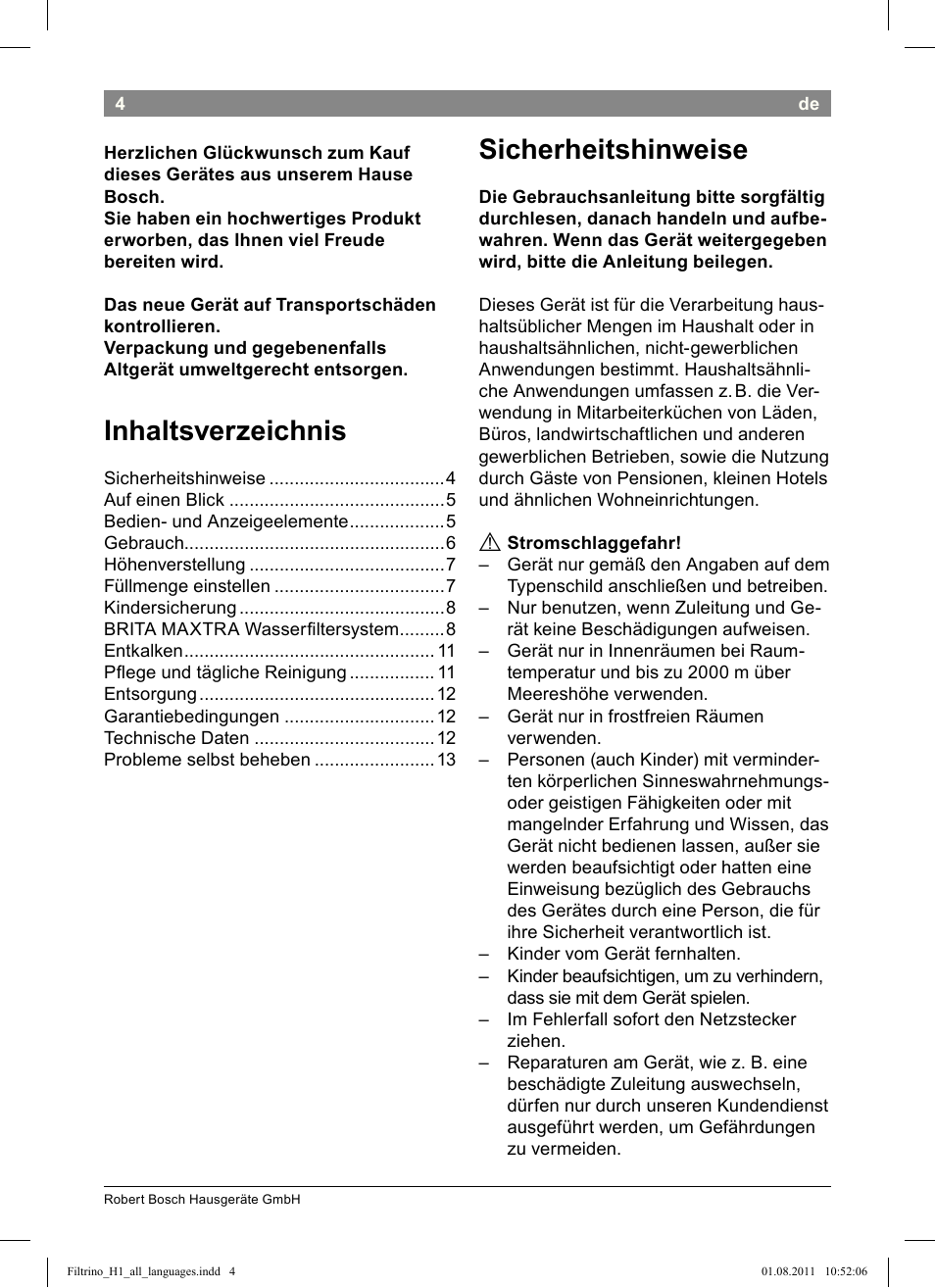 Bosch THD2023 Heißwasserspender Filtrino FastCup User Manual | Page 4 / 154