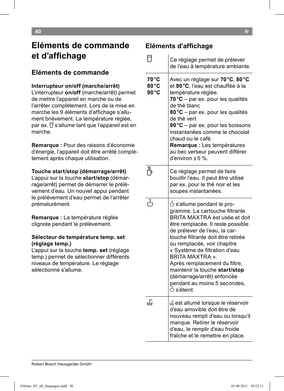 Eléments de commande et d’afichage, Eléments de commande, Eléments d’afichage | Bosch THD2023 Heißwasserspender Filtrino FastCup User Manual | Page 40 / 154