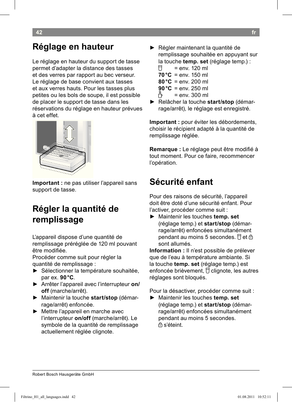 Réglage en hauteur, Régler la quantité de remplissage, Sécurité enfant | Bosch THD2023 Heißwasserspender Filtrino FastCup User Manual | Page 42 / 154