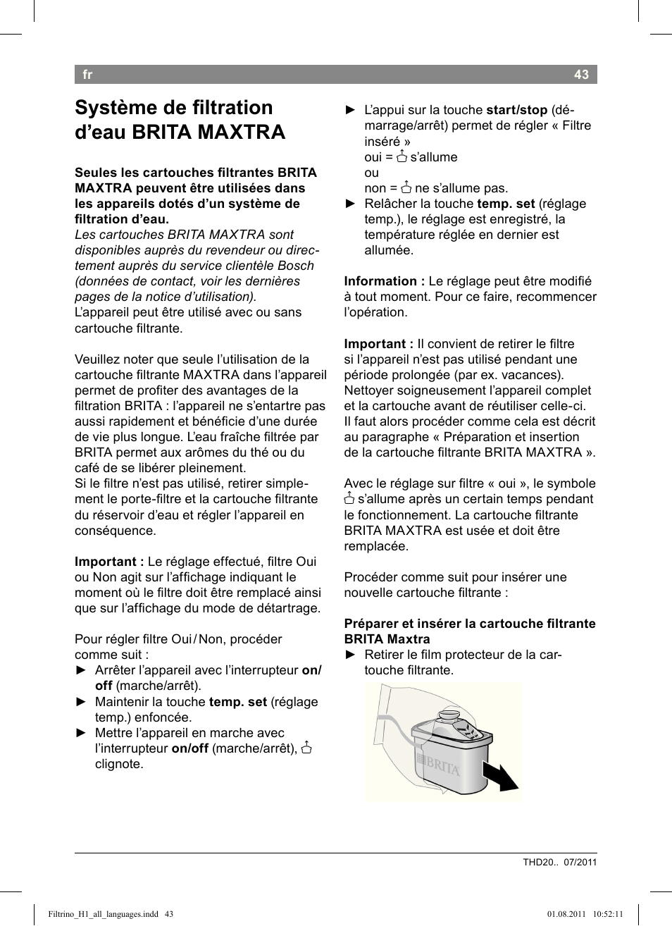 Système de i ltration d’eau brita maxtra | Bosch THD2023 Heißwasserspender Filtrino FastCup User Manual | Page 43 / 154