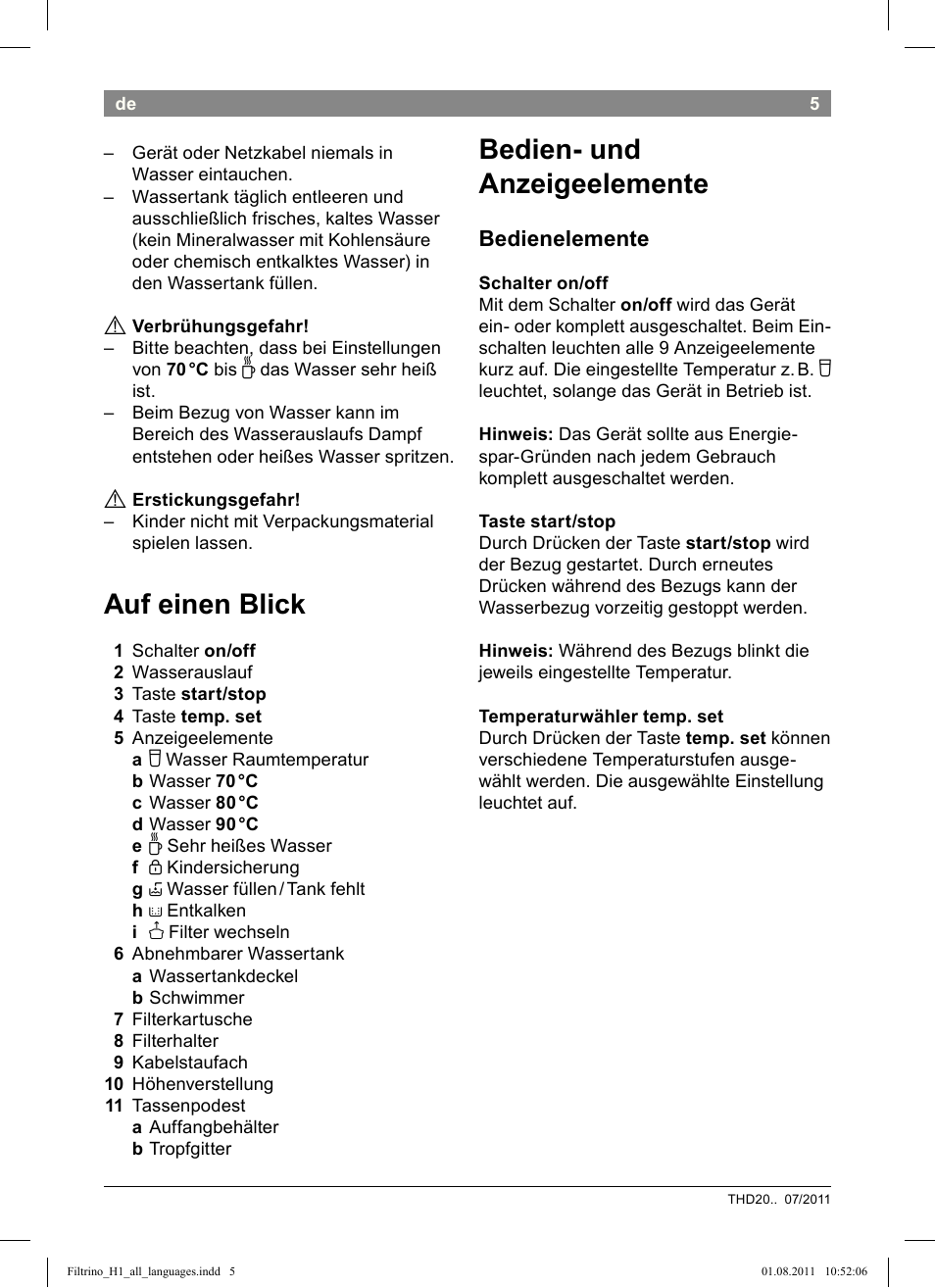 Bedien- und anzeigeelemente, Auf einen blick, Bedienelemente | Bosch THD2023 Heißwasserspender Filtrino FastCup User Manual | Page 5 / 154