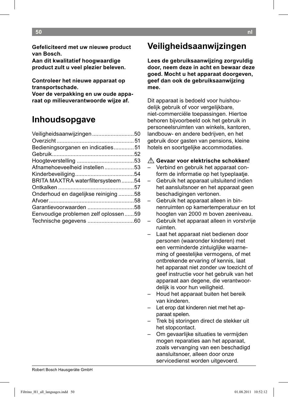 Inhoudsopgave, Veiligheidsaanwijzingen | Bosch THD2023 Heißwasserspender Filtrino FastCup User Manual | Page 50 / 154