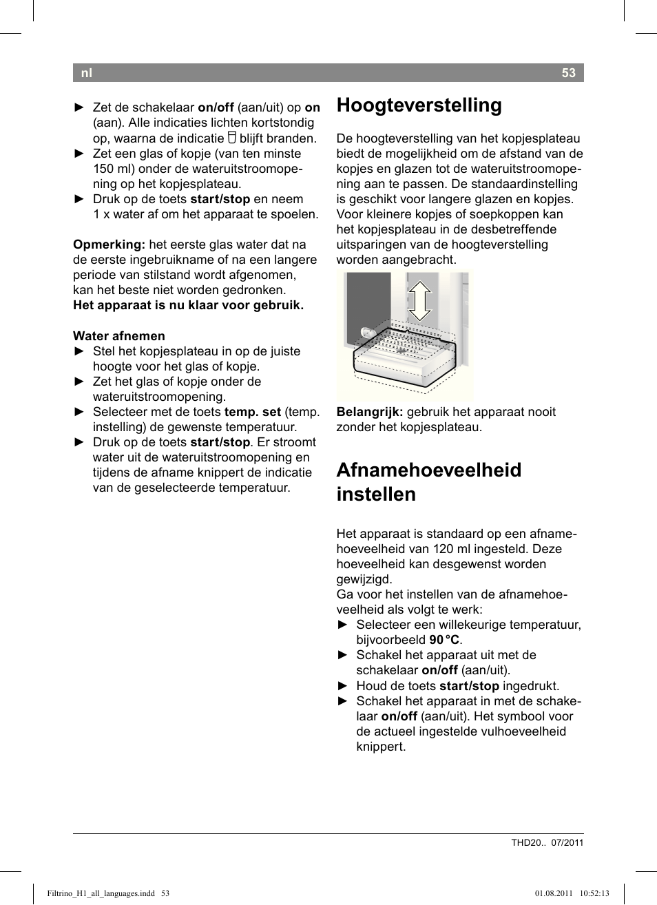 Hoogteverstelling, Afnamehoeveelheid instellen | Bosch THD2023 Heißwasserspender Filtrino FastCup User Manual | Page 53 / 154