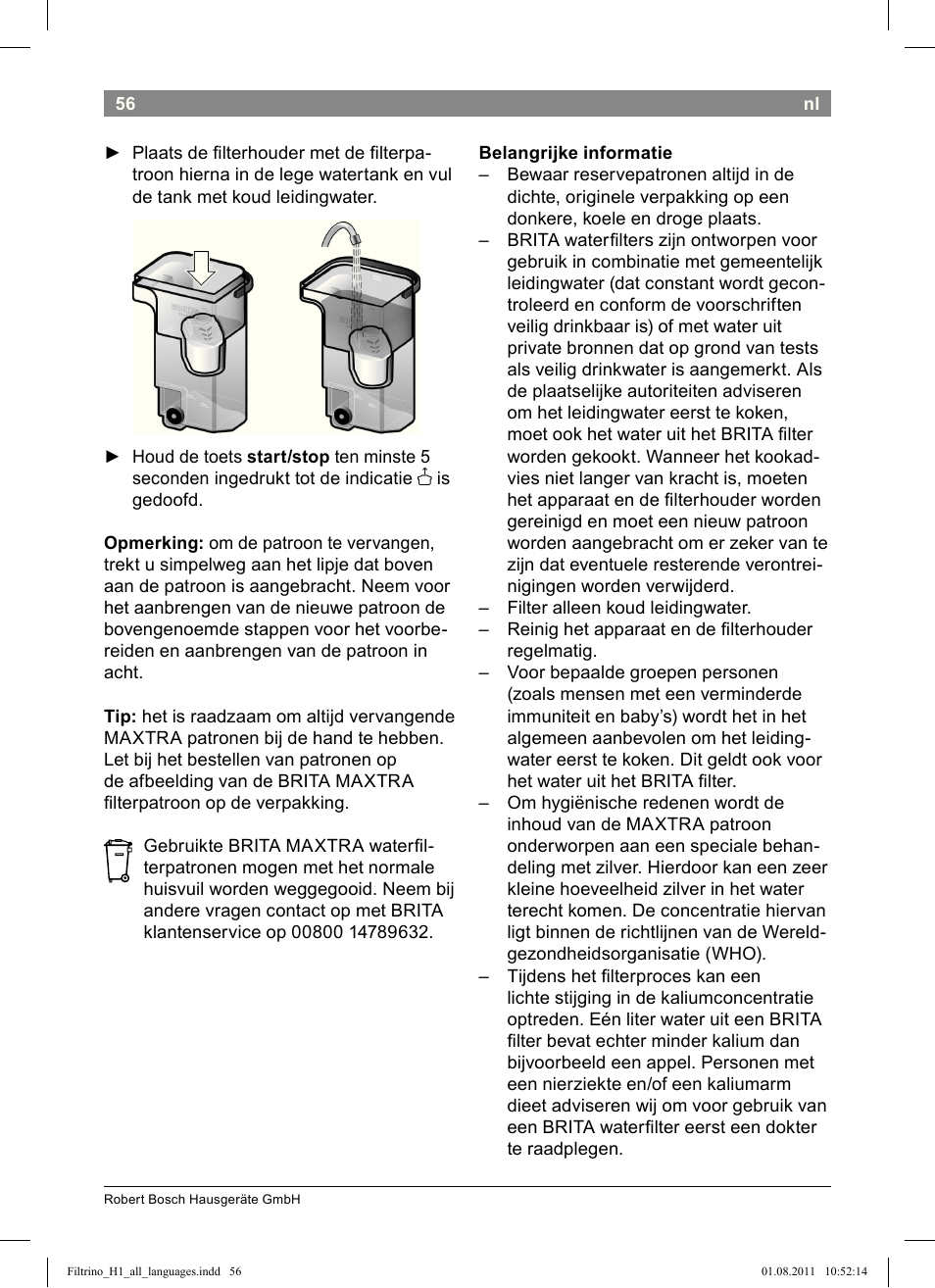 Bosch THD2023 Heißwasserspender Filtrino FastCup User Manual | Page 56 / 154